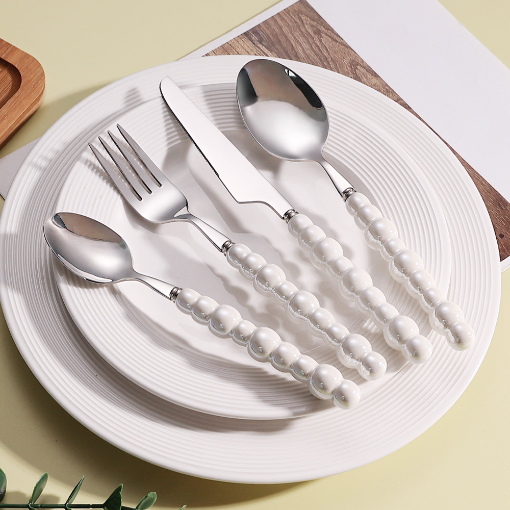Light luxury 304 stainless steel cutlery spoon creative pearl ceramic handle tableware household dessert spoon steak knife and fork