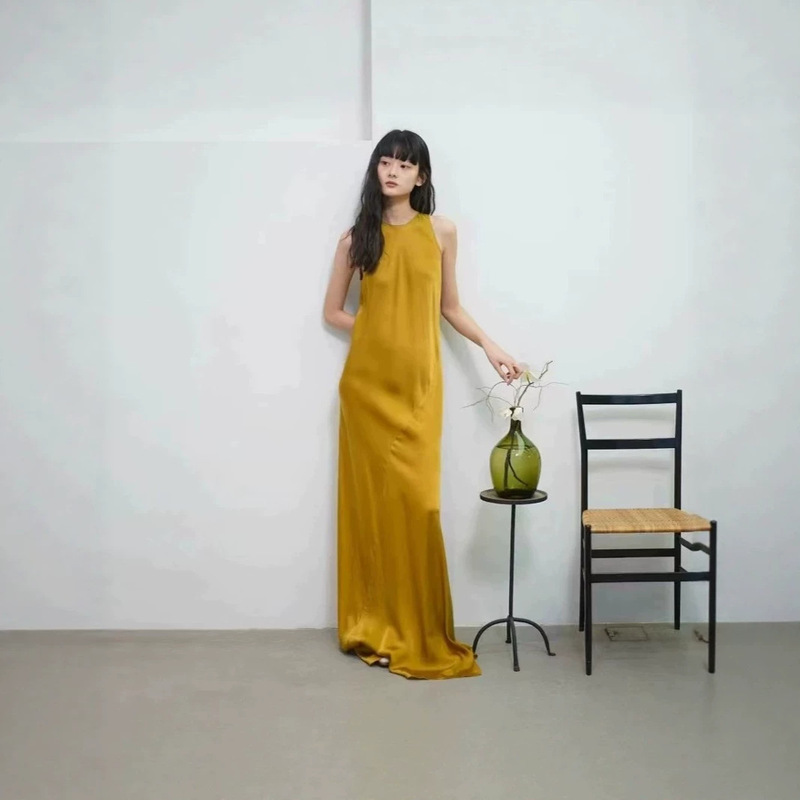 4 Color Spanish Niche Design Elegant Elegant dress Spring and Summer Women's Design Sense Copper Ammonia Silk Slim Dress Long