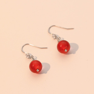 925 Sterling Silver Hetian Jade Earrings Women's Summer 2023 New Arrival Red Onyx Earrings Ins Niche Design Vintage Ear Hook