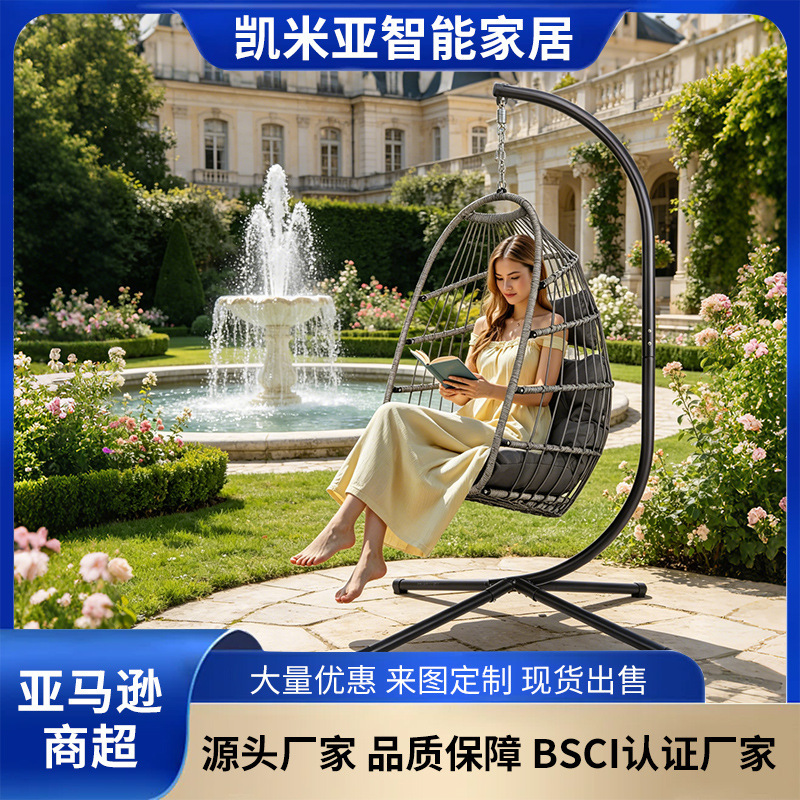 Foldable Hanging Rattan Egg Chair Headrest Cushion Outdoor Patio Leisure Swing Chair Heavy-Duty Aluminum Steel Frame