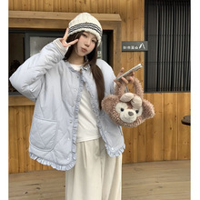 设计感菱格小个子韩版短款棉袄外套女2025冬季新款木耳边轻薄棉服