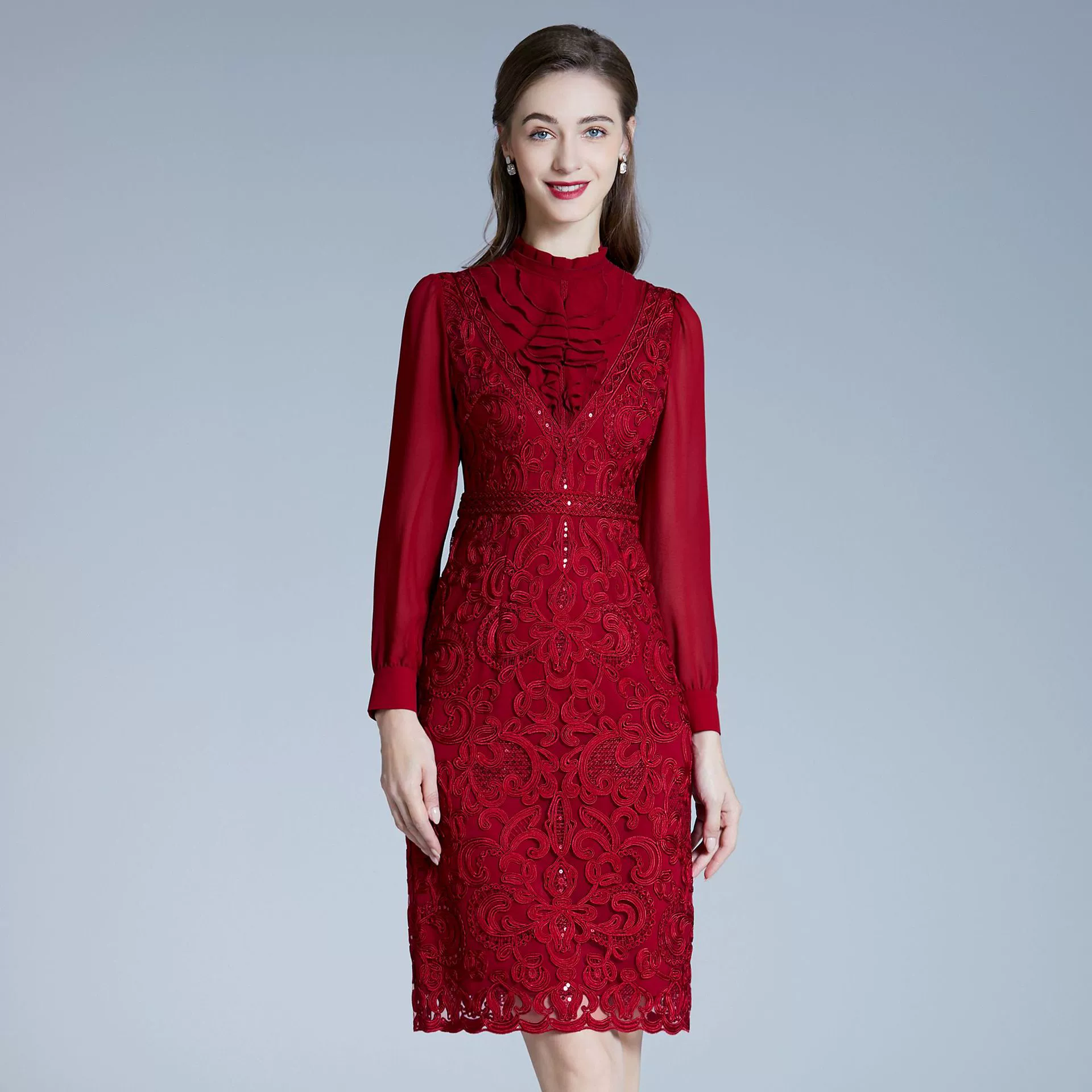 Поколение осени платье с длинным рукавом средних лет мода мать 2022 плюс размер бедра Красный банкетное платье