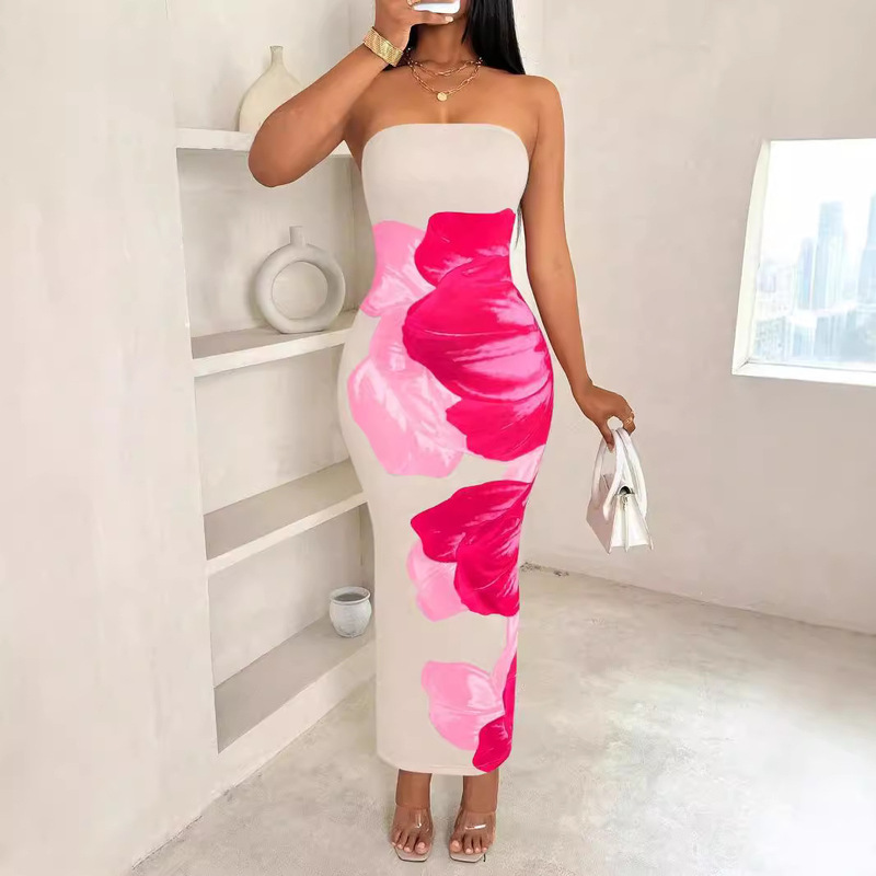2025 European and American Cross-Border New Shein Women's Slim Off-Shoulder Contrasting Floral Print Elegant Fashion Dress