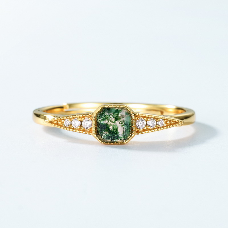 Nuevo producto transfronterizo de Amazon Anillo de ágata de hierba de agua natural de moda de lujo ligero S925 Anillo de piedra de musgo verde chapado en oro plateado