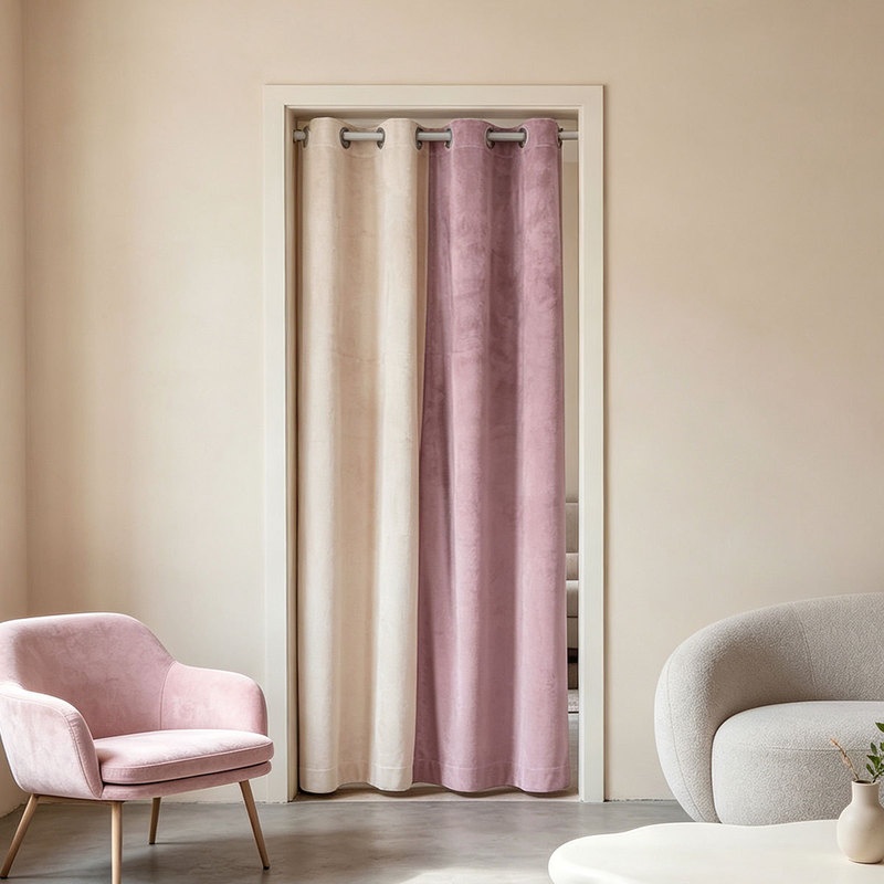 Color-Blocked Velvet Door Curtain with Perforations, Small Window Curtain in Pink and Gray Contrasting Colors, 1Pc Fabric Door Curtain for Entryway, Bedroom, and Room Door Decoration