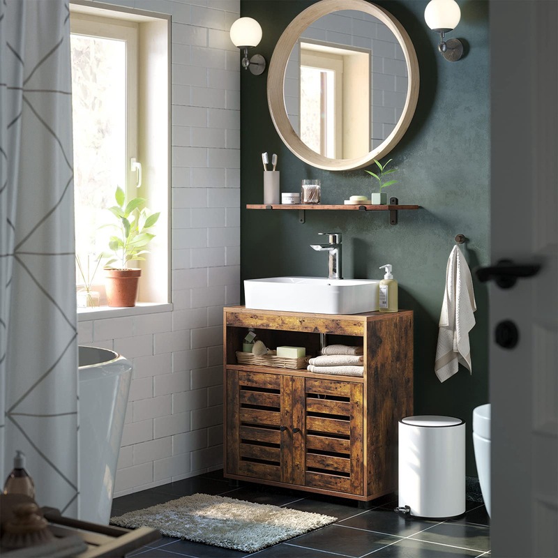 Mueble de baño moderno minimalista color nogal, mueble de almacenamiento de doble puerta para baño