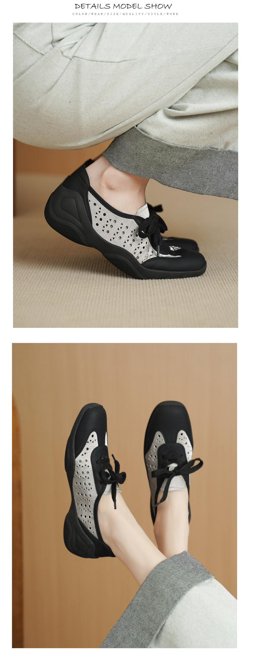 Giày sneaker nữ phối màu đục lỗ dây buộc mũi sâu đế mềm da mềm — đen chi tiết 9