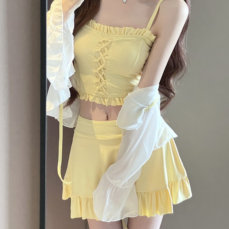 2026 New Style Women's Three-Piece Swimsuit with Jacket, White-Enhancing Skirt Style, Conservative, Slimming, High-End Hot Spring Swimwear