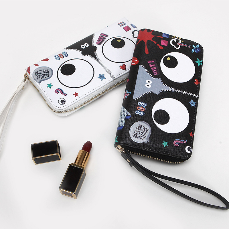 Ojos grandes largo embrague cremallera compartimento de las mujeres monedero titular la tarjeta ID bolsa