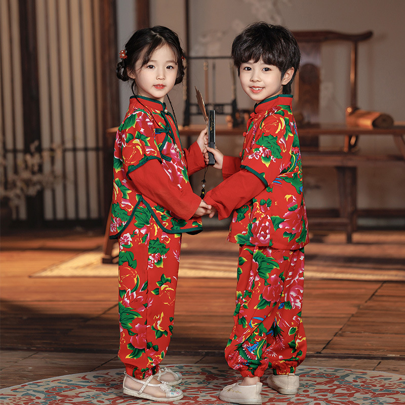 Children's Hanfu Costume for Spring and Autumn 2024 New Arrival, Northeast Big Flower Tang Suit, Chinese Style Performance Set for Boys and Girls