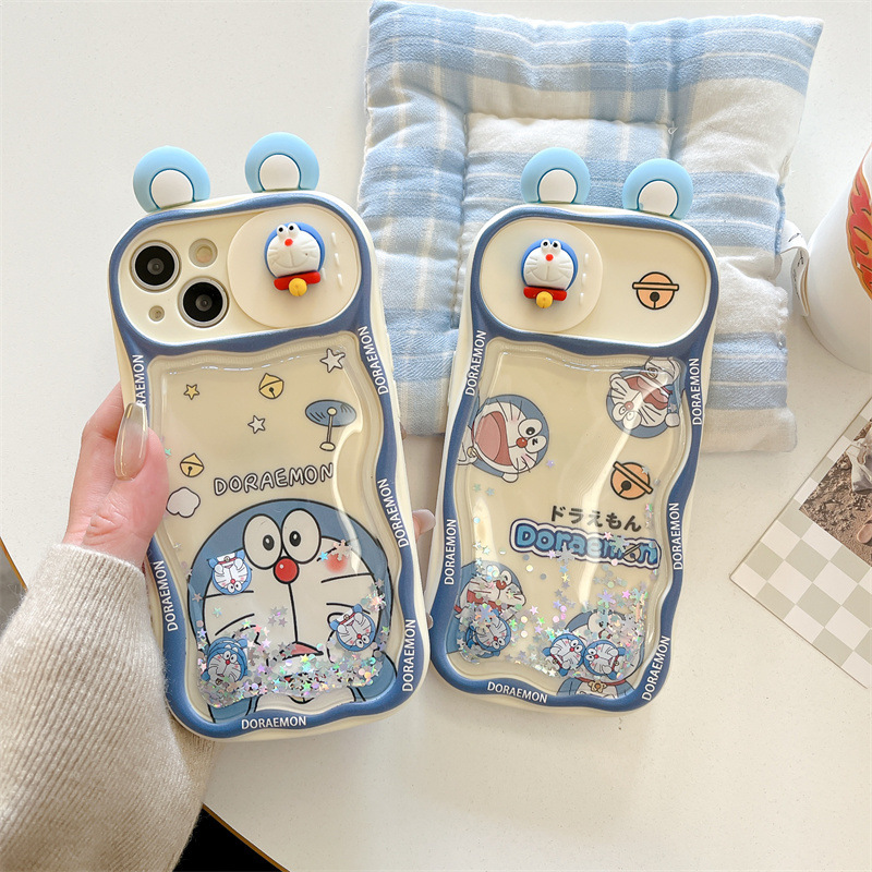 适用苹果15手机壳流沙叮当猫16趣味卡通iPhone11推拉窗立体耳朵14|undefined