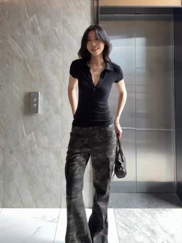 简约polo衫正肩黑色短袖t恤女夏季新款弹力收腰显瘦气质百搭上衣|undefined