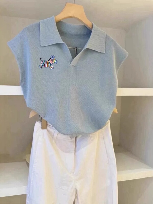 Gejia モールの同じスタイルの女性の 2025 夏ブルーレインボーポニープリントラペルショルダー半袖 T シャツ女性用|undefined