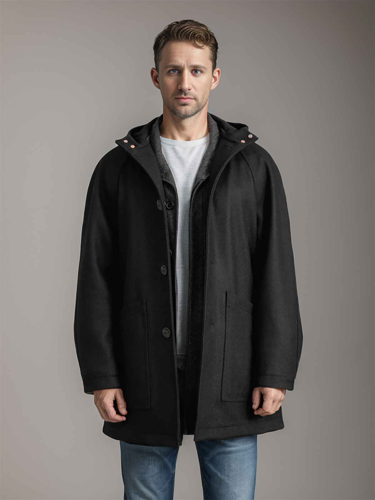 New autumn and winter men's hooded raglan suit with woolen sleeves, solid color single breasted coat_voghion.com