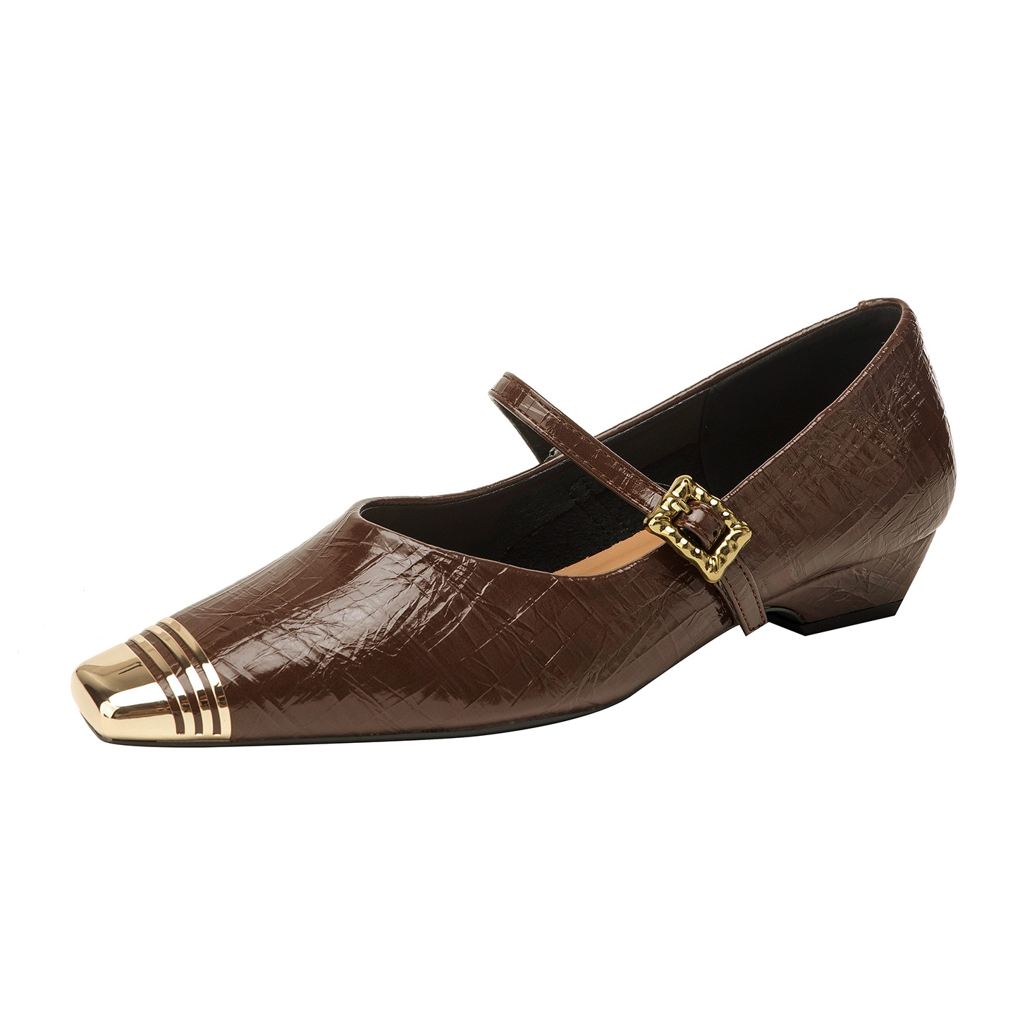 Soft Leather Mary Jane Shoes, 2026 Spring New French Style, Metal Square Toe, Medium Chunky Heel, Strapless Shallow_vogvips.com
