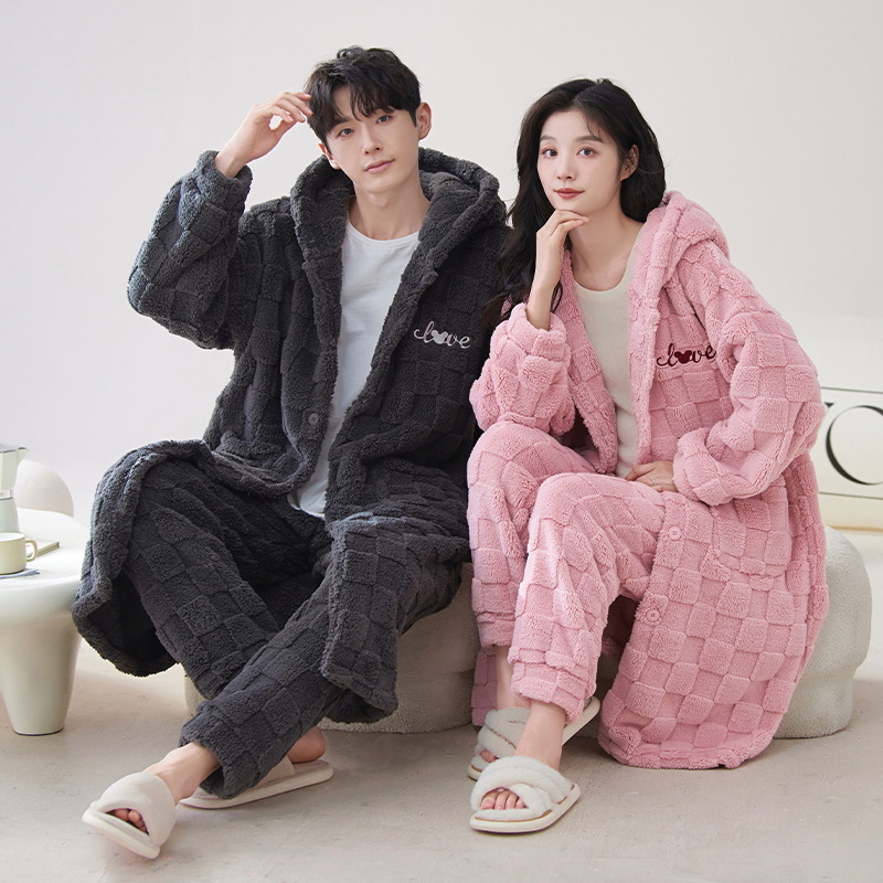 Invierno coral polar pareja camisón cálido MEDIADOS DE-longitud coreano lindo grueso franela hombres homewear traje