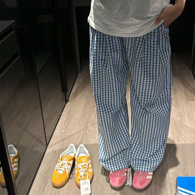 (2개) INS 스타일 인터넷 연예인 게으른 스타일 레트로 타이트 허리 격자 무늬 대조 컬러 느슨한 넓은 다리 스트레이트 가정용 캐주얼 바지
