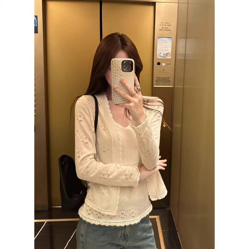 Baishiwang Wool Heart-Shaped Hollow V-Neck Knitted Cardigan for Women, Spring Hand-Crocheted Hem, Versatile Slimming Two-Piece Set