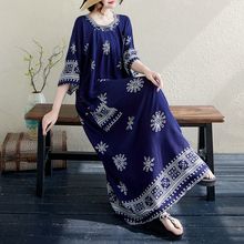 复古时尚印花新款女装大码加肥夏季民族圆领宽松显瘦连衣裙长裙