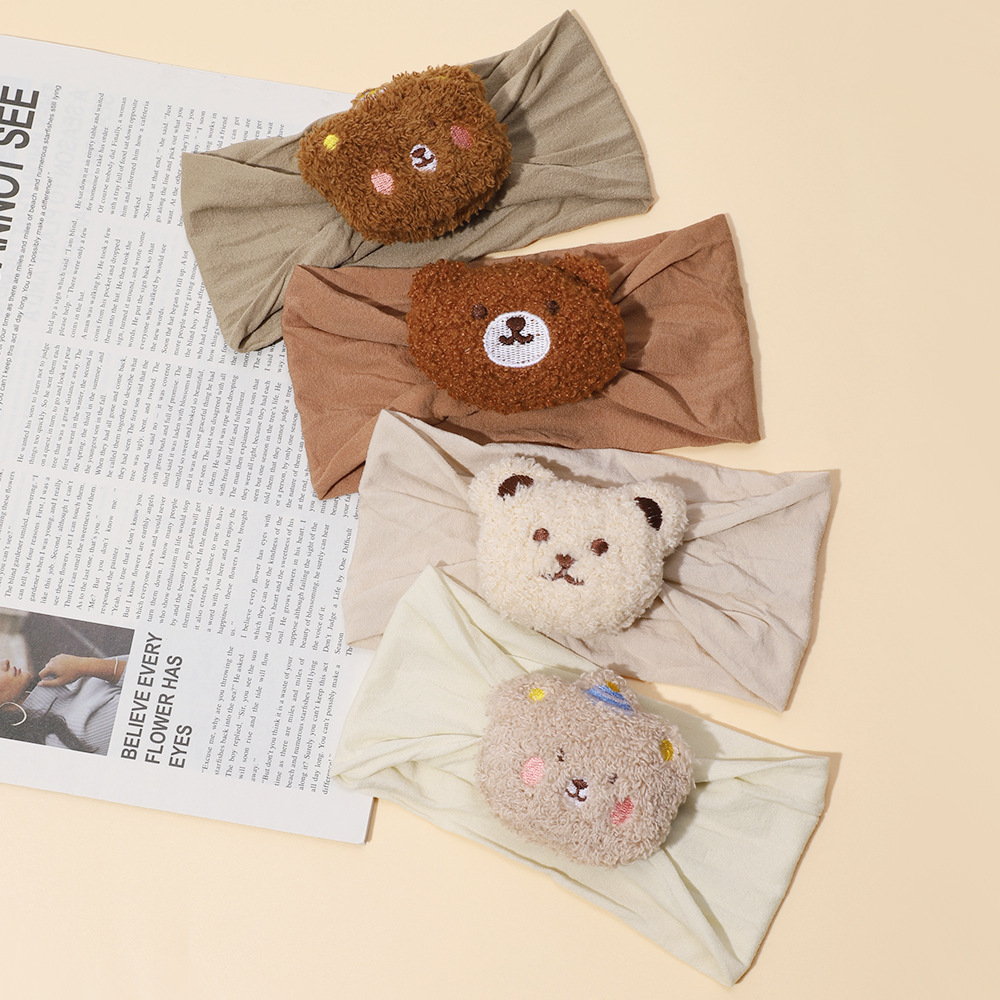 Fascia per capelli larga per bambini autunno e inverno transfrontaliera Fascia elastica per capelli europea e americana con fiocco in nylon e orso Accessori per fascia per capelli per bambini all'ingrosso_voghion.com