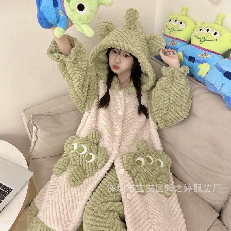 Pajamas women's autumn and winter coral fleece nightgown fleece-lined thickened cute cartoon small winter homewear suit Pajamas women's autumn and winter coral fleece nightgown fleece-lined thickened cute cartoon small winter homewear suit