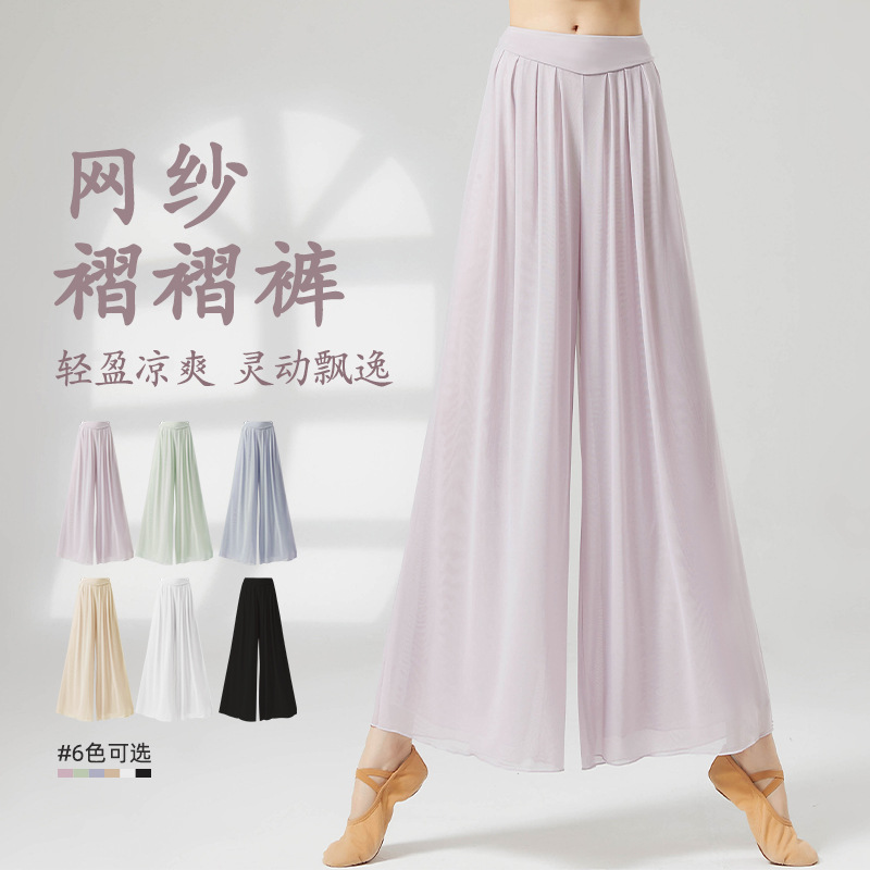 Classical Dance Pants with Drape, Modern Dance Straight Pants, Mesh 2024 New Chinese Dance Practice Wear, Dance Wide-Leg Pants