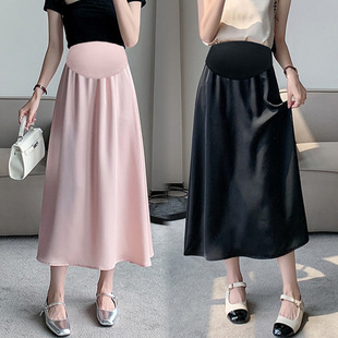 Pregnant women's skirt spring and summer new pure color draping temperament skirt silky satin versatile slimming pregnant women's skirt