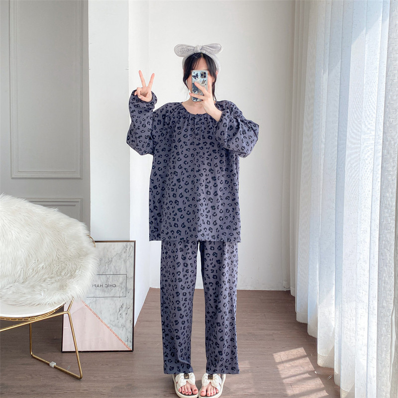 Sweet Princess Style Long-Sleeved Pajamas for Women Spring & Fall Thin Pure Cotton Leopard Print Home Clothes Large Size Fat mm 100kg Set
