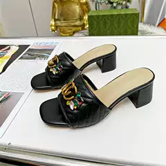 2025 Spring Summer Genuine Leather High Heel Slippers for Women Rhinestone Buckle Round Toe Chunky Heel G Women's Shoes