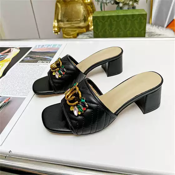 2025 Spring Summer Genuine Leather High Heel Slippers for Women Rhinestone Buckle Round Toe Chunky Heel G Women's Shoes