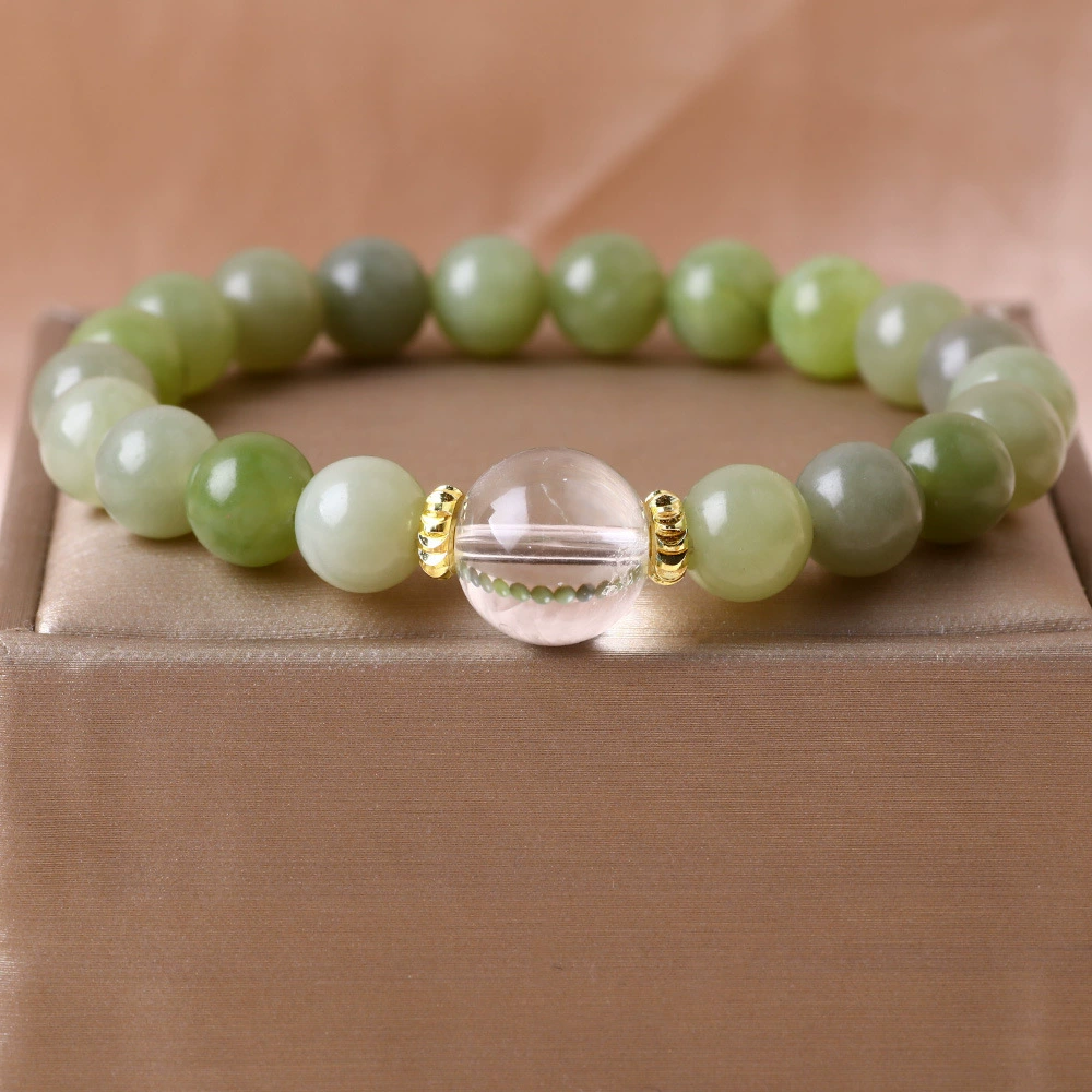 Браслет из зеленого нефрита Тяньшань, женский браслет в китайском стиле с халцедоном и белым кристаллом, браслет с подвеской из нефрита Синьцзяна, изумрудного цвета, шариковый браслет