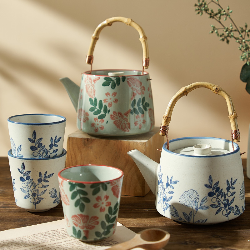Japanese-style Beam-lifting Teapot Hand-painted Household Cold Kettle High-color Value Teapot Vintage Crude Tea Cup Tea Set suit Japanese-style Beam-lifting Teapot Hand-painted Household Cold Kettle High-color Value Teapot Vintage Crude Tea Cup Tea Set suit