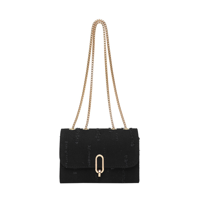 Textura de bolso cuadrado nuevo diseño de agujero de tejido denim de diseño de moda de este año chaîne de mujer mochila