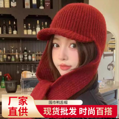2025新款韩版羊毛混纺围巾鸭舌帽女秋冬季加厚一体保暖护耳毛线帽
