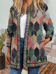 9220# Amazon wish autumn and winter New retro ethnic style printed long-sleeved coat jacket cardigan women's clothing