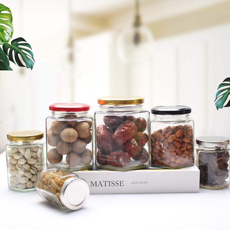 简约六棱玻璃储物罐透明酱菜瓶辣椒瓶存储瓶家用密封储存罐子