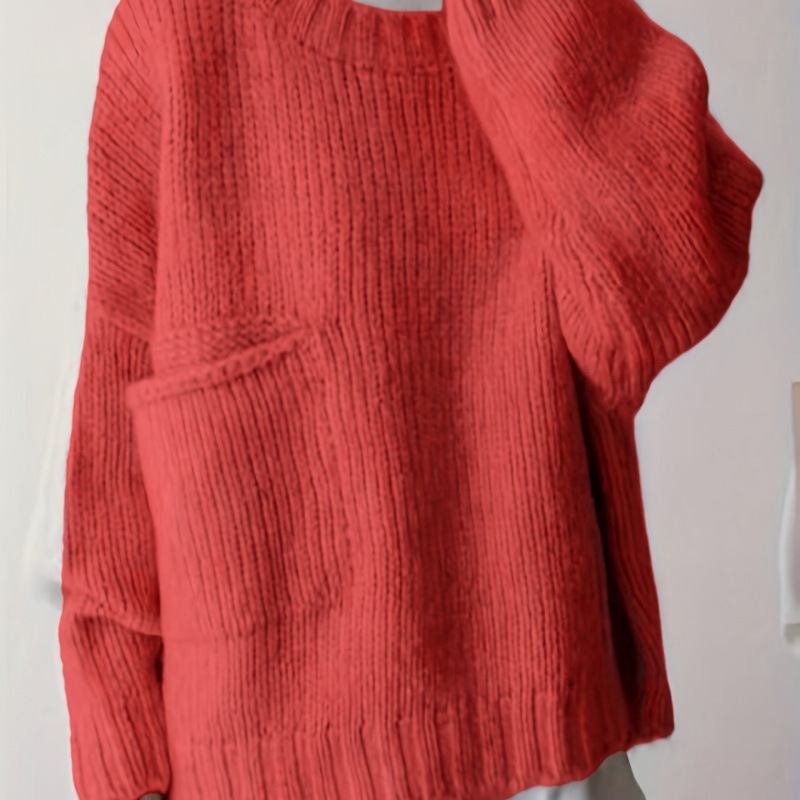 Plus Size Solid Pocket Crew Neck Sweater Casual Long Sle跨境|undefined