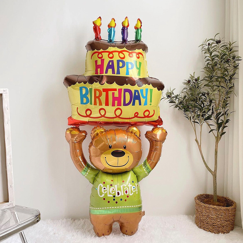 Decoraciones de cumpleaños para bebés con pasteles, ositos de peluche, globos de papel de aluminio y escenas para sesión de fotos de cumpleaños._voghion.com