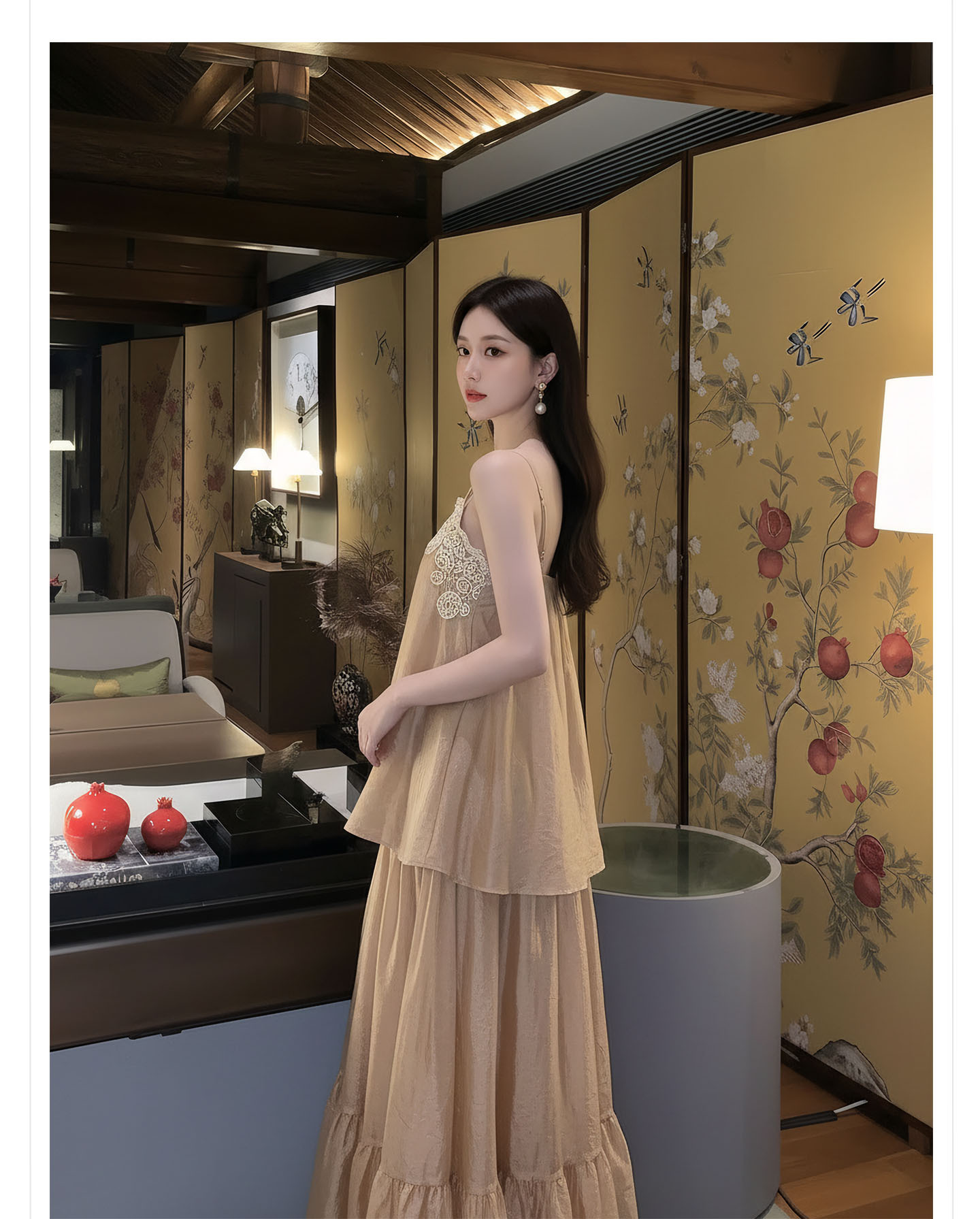 Bộ váy đầm maxi nữ thắt eo phong cách tân cổ điển Trung Hoa sang trọng — nửa váy, Trang chủ chi tiết 6