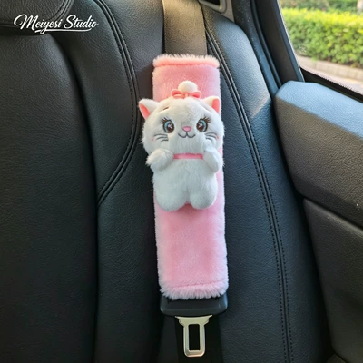 Car Shoulder Pad Cover Mary Cat Plush Anti-Neck-Strangling Car Seatbelt Protector Imitation Rabbit Fur Car Interior Decoration (Seat belt shoulder pad) - ml-cat-open-eyes-cat-pink-rabbit-fur-single-pack