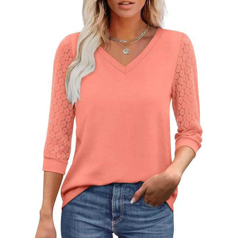 New Style Foreign Trade Cross-Border Amazon European and American Hollow Lace Top Casual Loose Solid Color V-Neck T-Shirt Summer Versatile New Style Foreign Trade Cross-Border Amazon European and American Hollow Lace Top Casual Loose Solid Color V-Neck T-Shirt Summer Versatile