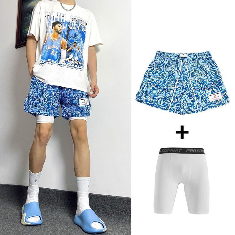 Graffiti Retro American Shorts Summer Knee-Length Sports Casual Quarter Pants Men's Running Quick-Drying Basketball Pants Trendy Brand