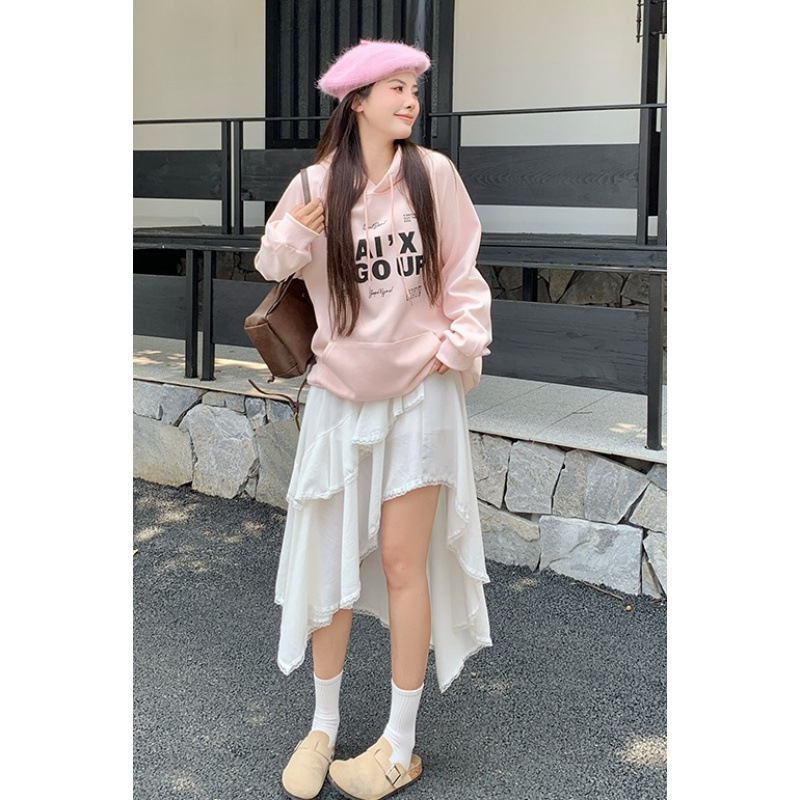 温柔甜美浪漫氛围感卫衣粉色字母印花宽松型连帽卫衣 加绒加厚女|undefined