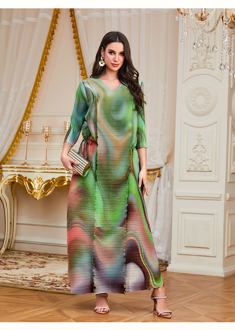 Middle Eastern Muslim Women's Clothing Foreign Trade: Saudi Arabia Dubai Printed Long Robe Abaya With Waist-Cinching_ecoleips.com