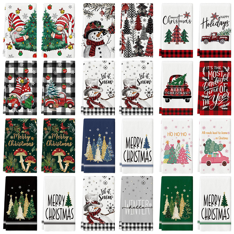 Cross-Border Hot Selling Winter Christmas Pine Tree Snowman Gingerbread Man Kitchen Towel Dish Towel Farmhouse Kitchen Dish Towel