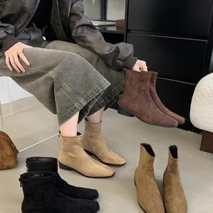 South Korea Flat Skinny Short Boots Women's Shoes Maillard Vintage Suede Square Toe Stretch Short Bare Boots Knight Boots