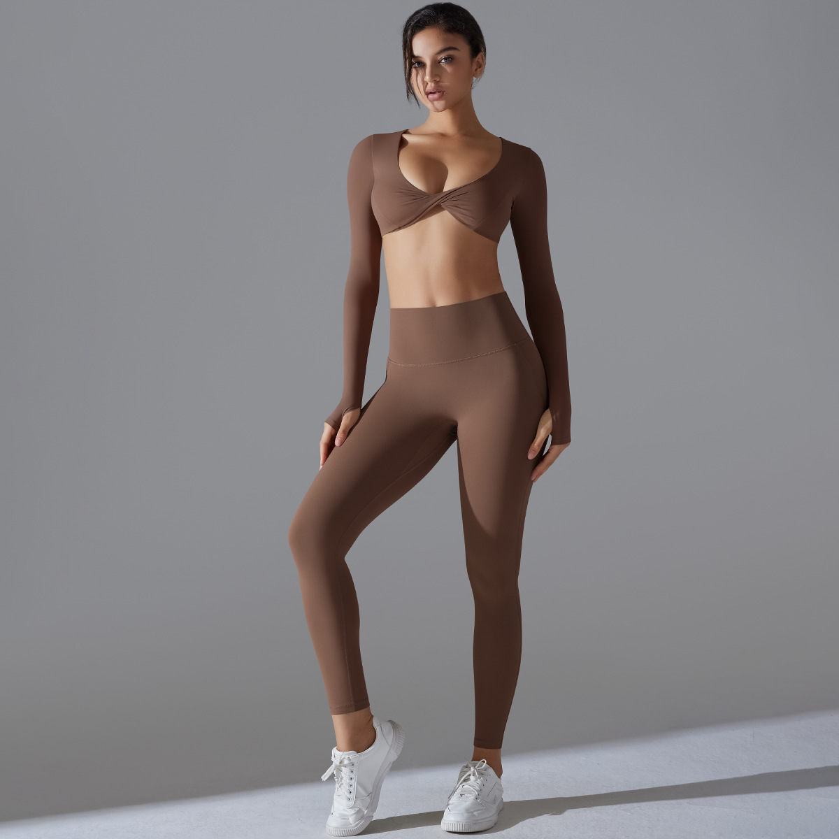 Nuevo color sólido sin ropa interior doble brocado de manga larga juego de yoga deportivo ajustado elástico alta ropa de yoga antibacteriana image 7