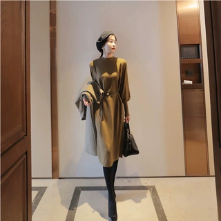 韩国东大门女装2022新款秋冬针织连衣裙中长款打底显瘦毛衣长裙子