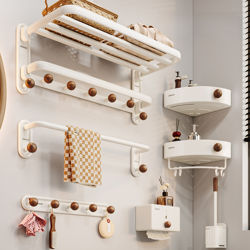 Cream White Towel Bathroom Storage Set, No-Drill Space Aluminum Toilet Towel Holder Cream White Towel Bathroom Storage Set, No-Drill Space Aluminum Toilet Towel Holder