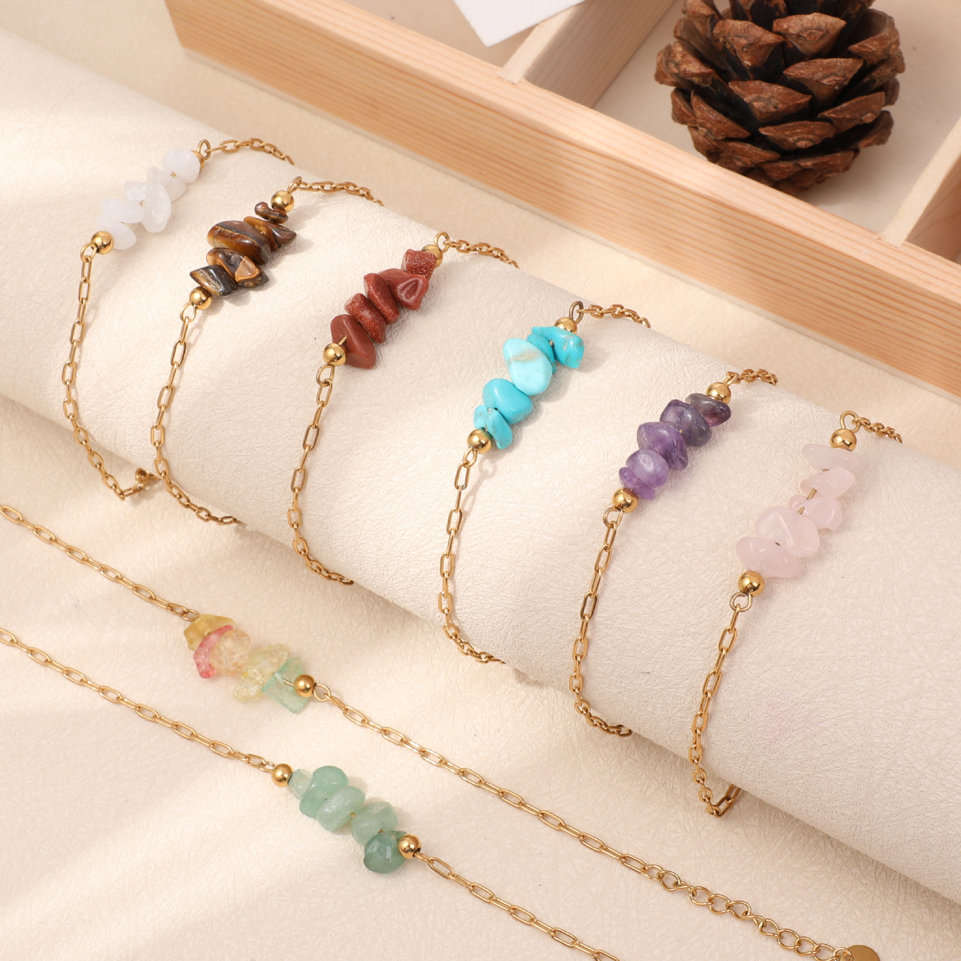 Cross-Border Bracelet Niche High-End Turquoise Gravel Summer Style Irregular Raw Stone Stainless Steel Handmade